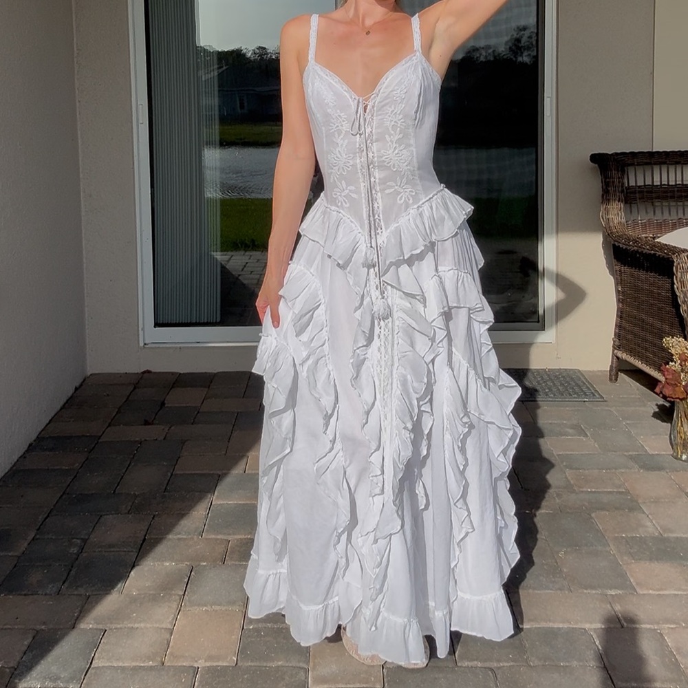 White Embroidered Floral Lace Up Venus Maxi Dress with Ruffles